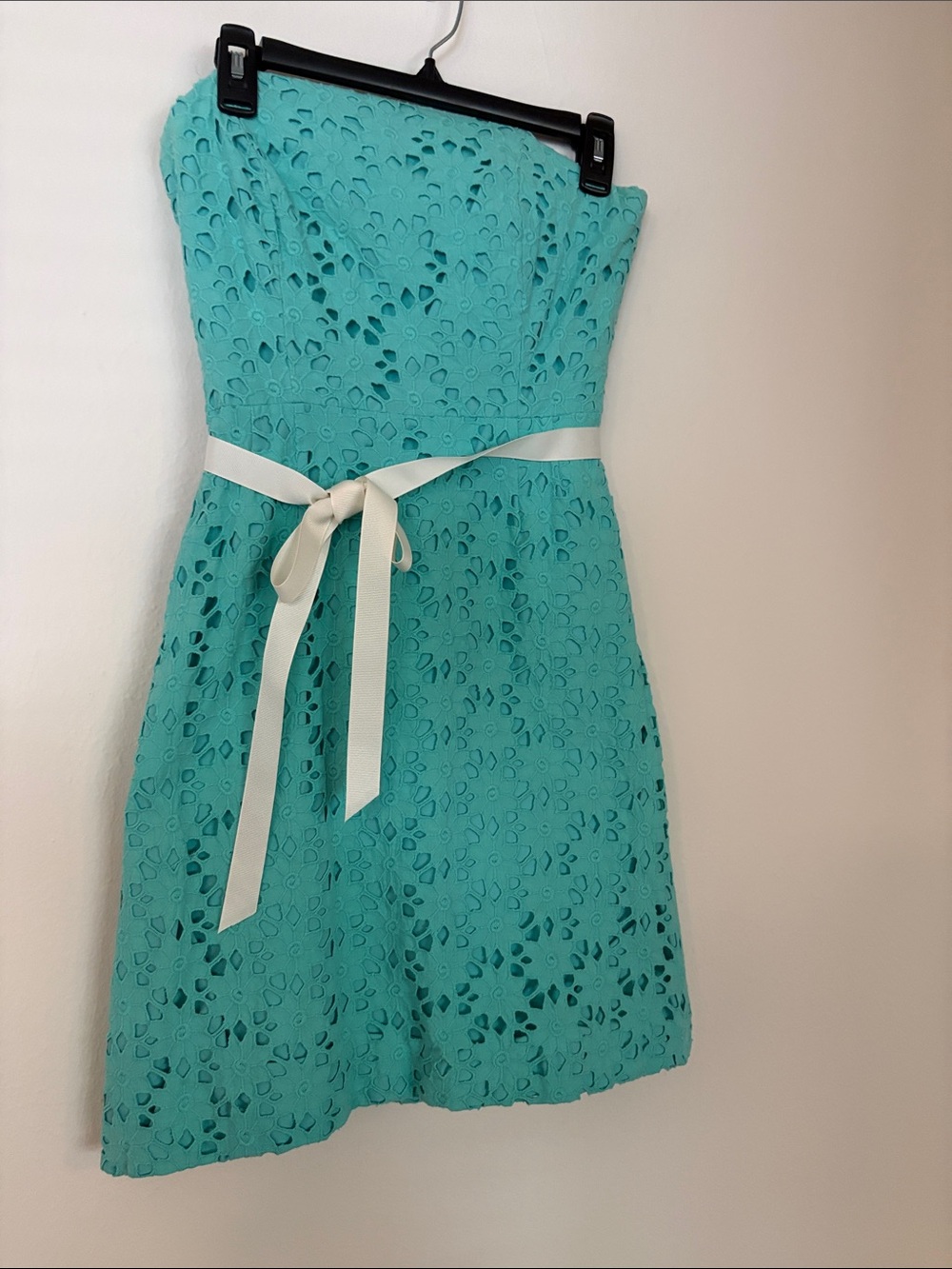 Lilly Pulitzer Strapless Aqua Eyelet Dress with Ivory Ribbon